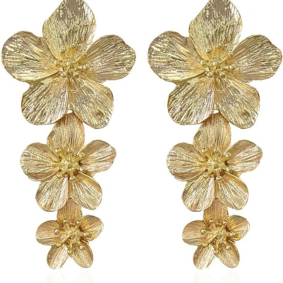 Bohemian Daisy Flower Matte Floral Petal Drop Dangle Earrings 3 Layered Tiered f - Picture 1 of 6